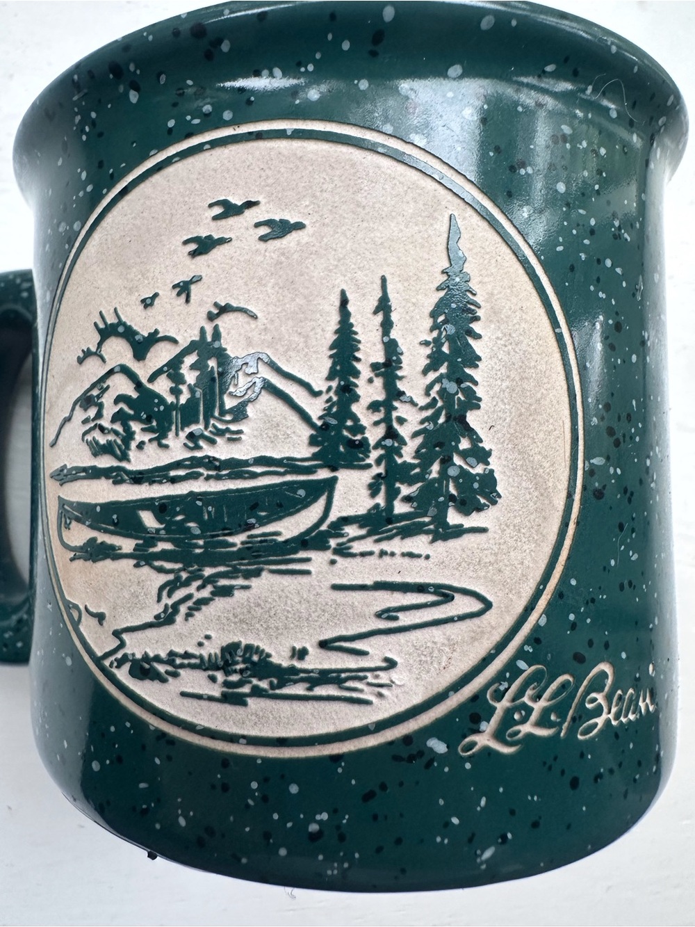 Vintage LL Bean Camping Green Speckled Mug  12oz Retro Canoe Pine Trees Mountain